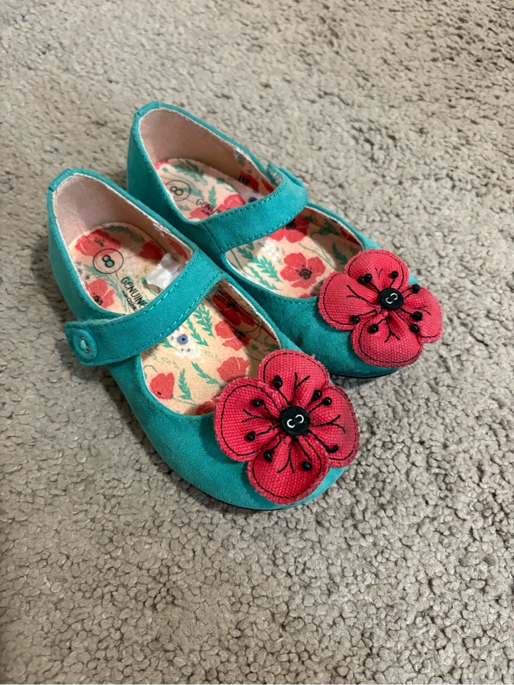 8c Girls Teal Mary Jane Flats with Red Flower Accent